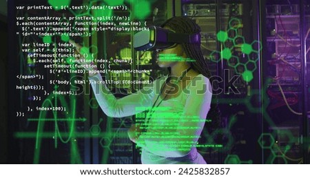 Image of data processing over african american female worker with vr headset in server room. Global business and digital interface concept digitally generated image.