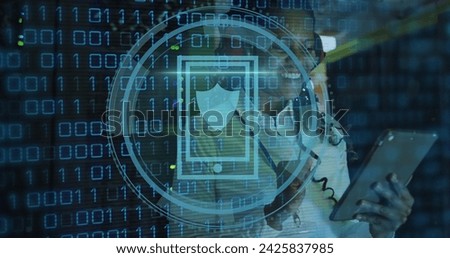 Image of data processing over african american female worker in server room. Global business and digital interface concept digitally generated image.