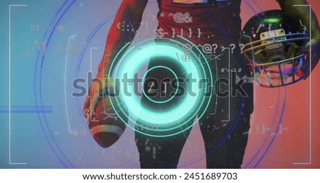 Image of data processing over african american american football player. Sports, competition, data processing and communication concept digitally generated image.