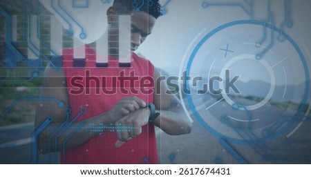 Image of data processing over african american male runner with smartwatch. global sport and digital interface concept digitally generated image.