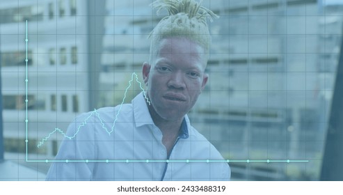 Image of data processing over albino african american businessman smiling. Global business and digital interface concept digitally generated image. - Powered by Shutterstock