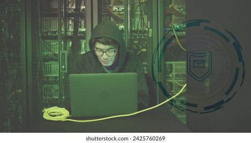 Image of data processing over asian male hacker in server room. Global business and digital interface concept digitally generated image.