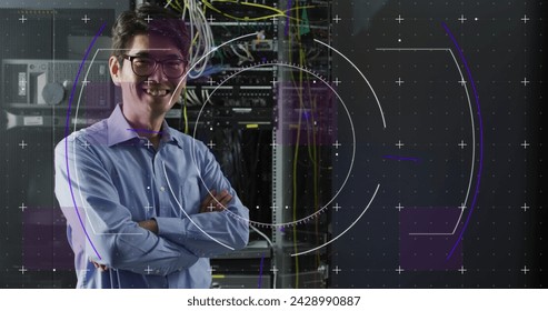 Image of data processing over asian male it engineer and computer servers. Global computing and data processing concept digitally generated image.