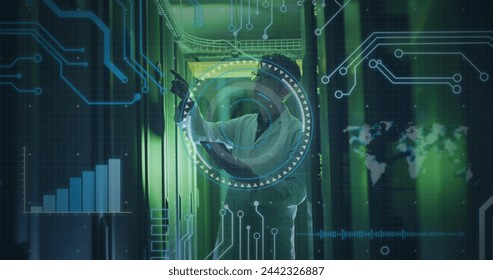Image of data processing over asian male it engineer with tablet checking computer servers. data processing, cloud computing concept and technology concept digitally generated image.