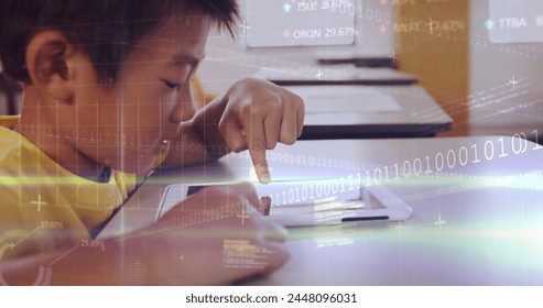 Image of data processing over asian schoolboy using tablet. Global education, computing and digital interface concept digitally generated image. - Powered by Shutterstock