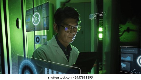 Image of data processing over asian businessman by computer servers. Global computing, digital interface and data processing concept digitally generated image.