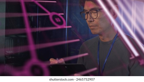 Image of data processing over asian male it technician by computer server. Global computing and data processing concept digitally generated image.