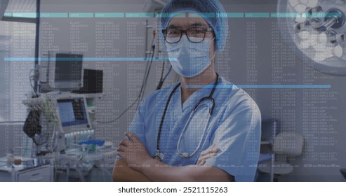 Image of data processing over asian male surgeon with face mask. Technology, medicine and digital interface concept digitally generated image.