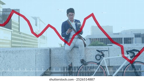 Image of data processing over asian businessman drinking takeaway coffee. Global business and digital interface concept digitally generated image.