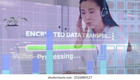 Image of data processing over asian businesswoman in office. Global business and digital interface concept digitally generated image.