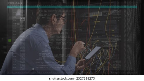 Image of data processing over asian male worker in server room. Global business and digital interface concept digitally generated image.