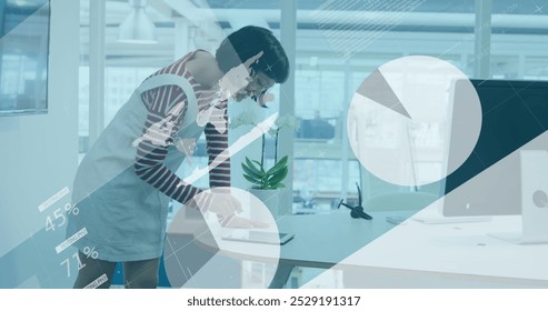 Image of data processing over asian businesswoman. Global cyber security, computing, digital interface and data processing concept digitally generated image.