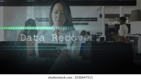 Image of data processing over asian businesswoman in office. Global business, connections, digital interface, computing and data processing concept digitally generated image. - Powered by Shutterstock