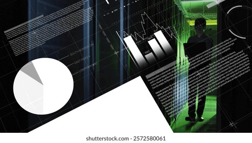 Image of data processing over asian male it engineer by computer servers. Global finance, business, connections, computing and data processing concept digitally generated image.