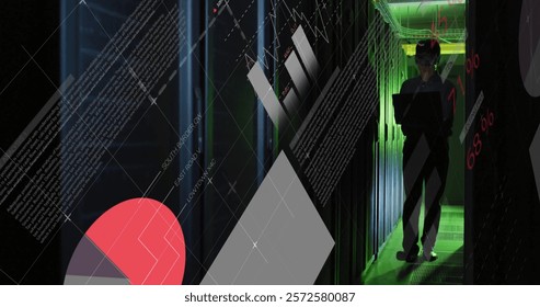 Image of data processing over asian male it engineer by computer servers. Global finance, business, connections, computing and data processing concept digitally generated image.