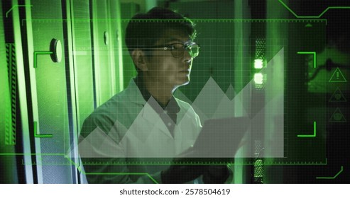 Image of data processing over asian male it technician with tablet over computer servers. Global connections, computing and data processing concept digitally generated image.