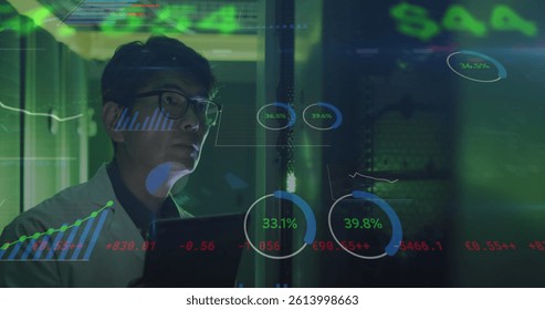 Image of data processing over asian male it engineer with tablet by computer server. data processing, cloud computing concept and technology concept digitally generated image.