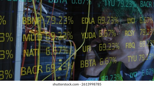 Image of data processing over asian male it engineer with smartphone by computer server. data processing, cloud computing concept and technology concept digitally generated image.