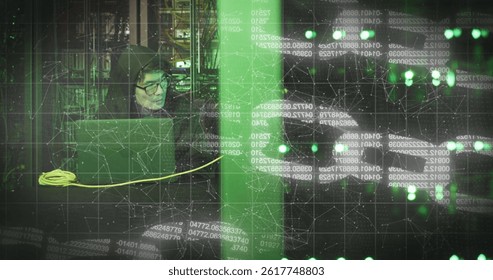 Image of data processing over asian male hacker in server room. global business, cloud computing and digital interface concept digitally generated image.