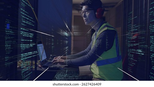 Image of data processing over asian man working in server room. network, programming, computers and technology concept digitally generated image.