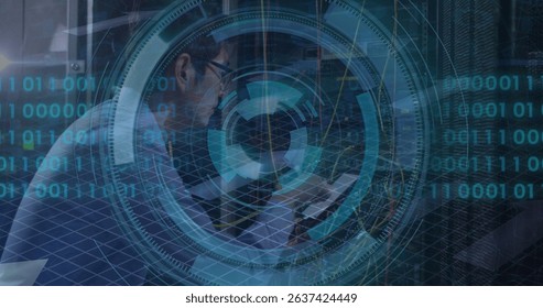 Image of data processing over asian male worker in server room. Computer security day and celebration concept digitally generated image. - Powered by Shutterstock - Get 15% off with code: PIKWIZARD15