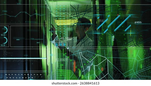 Image of data processing over asian male worker in server room. Global business and digital interface concept digitally generated image.