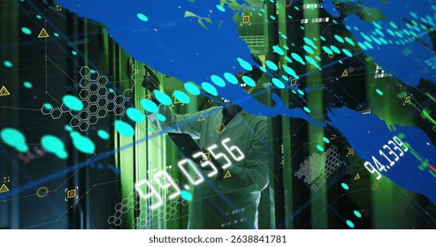 Image of data processing over asian male worker in server room. Global business and digital interface concept digitally generated image.
