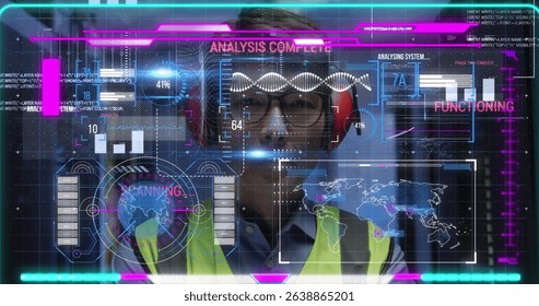 Image of data processing over asian male worker in server room. Global business and digital interface concept digitally generated image.