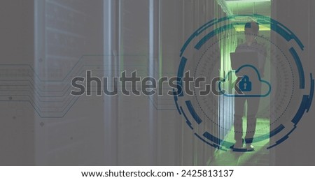 Image of data processing over asian male worker in server room. Global business and digital interface concept digitally generated image.