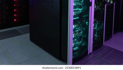Image of data processing over binary coding and computer servers. Global computing, digital interface and data processing concept digitally generated image.