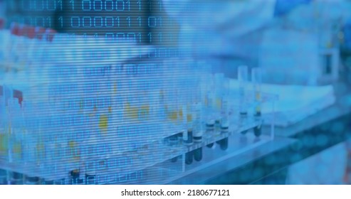 Image of data processing over biracial female scientist in lab. Global science, computing and digital interface concept digitally generated image.