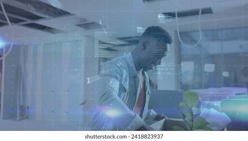 Image of data processing over biracial businessman in office. Global finance, business, connections, computing and data processing concept digitally generated image.