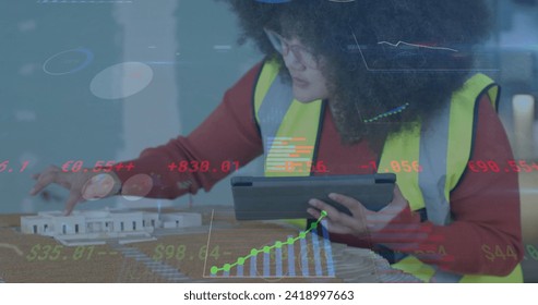 Image of data processing over biracial female engineer in hi vis vest. Global business, connections, computing and data processing concept digitally generated image.