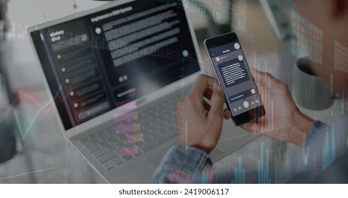 Image of data processing over biracial businessman with smartphone and laptop in office. Global finance, business, connections, computing and data processing concept digitally generated image.