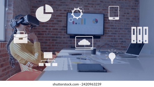 Image of data processing over biracial businesswoman using vr headset. Global artificial intelligence, connections, computing and data processing concept digitally generated image.