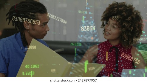 Image of data processing over biracial business people in office. Global business and digital interface concept digitally generated image.