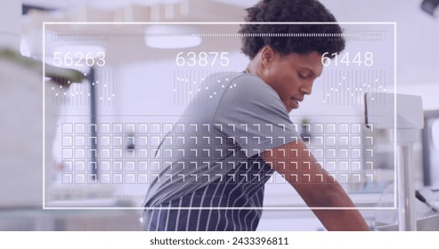 Image of data processing over biracial male shop assistant cutting cheese. Global business and digital interface concept digitally generated image.