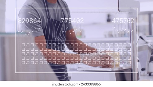 Image of data processing over biracial male shop assistant cutting cheese. Global business and digital interface concept digitally generated image. - Powered by Shutterstock - Get 15% off with code: PIKWIZARD15