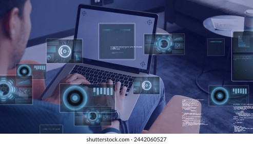 Image of data processing over biracial businessman using laptop. global networks, business, data processing and digital interface concept digitally generated image.
