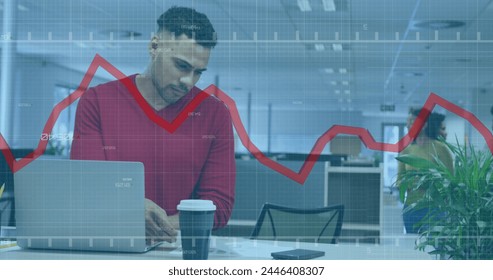 Image of data processing over biracial businessman working in office. Global business, finances, computing and data processing concept digitally generated image.