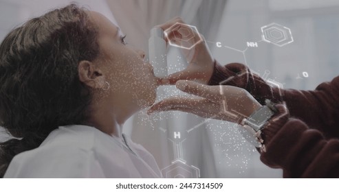 Image of data processing over biracial girl patient with inhaler in hospital. Global healthcare, science, medicine, research, computing and data processing concept digitally generated image. - Powered by Shutterstock