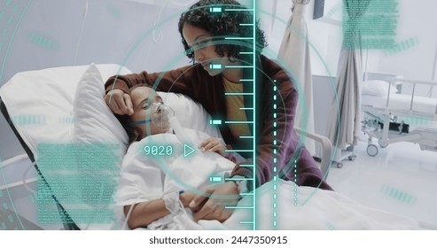 Image of data processing over biracial girl patient with mum in hospital bed. Global healthcare, science, medicine, research, computing and data processing concept digitally generated image. - Powered by Shutterstock