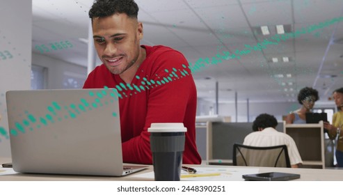 Image of data processing over biracial businessman working in office. Global business, finances, computing and data processing concept digitally generated image.