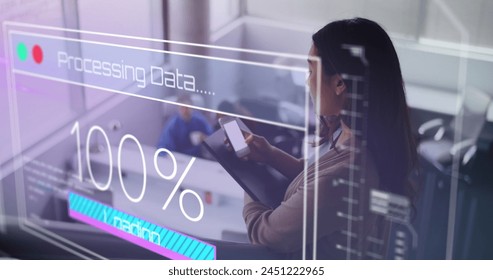 Image of data processing over biracial businesswoman using smartphone. Global technology, computing and digital interface concept digitally generated image.