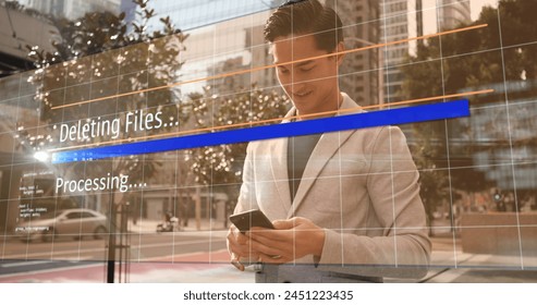 Image of data processing over biracial businessman using smartphone. Global technology, computing and digital interface concept digitally generated image. - Powered by Shutterstock - Get 15% off with code: PIKWIZARD15