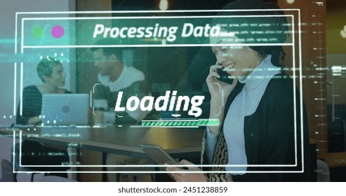 Image of data processing over biracial businesswoman using smartphone and tablet. Global technology, computing and digital interface concept digitally generated image.