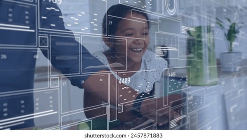 Image of data processing over biracial father and daughter preparing healthy cocktail. Lifestyle, domestic life, fatherhood, computing and digital interface concept digitally generated image.