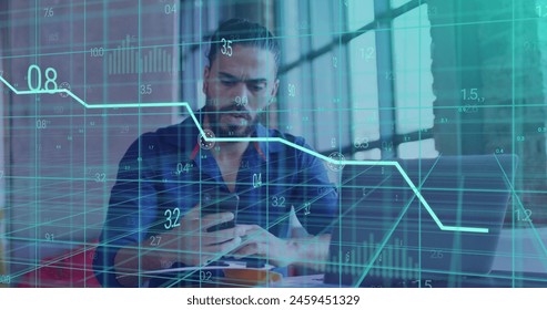 Image of data processing over biracial businessman using smartphone. Global business, finances and digital interface concept digitally generated image.