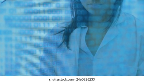 Image of data processing over biracial female doctor with tablet. Global medicine and digital interface concept digitally generated image.