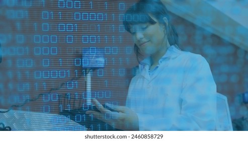Image of data processing over biracial female doctor with patient. Global medicine and digital interface concept digitally generated image.